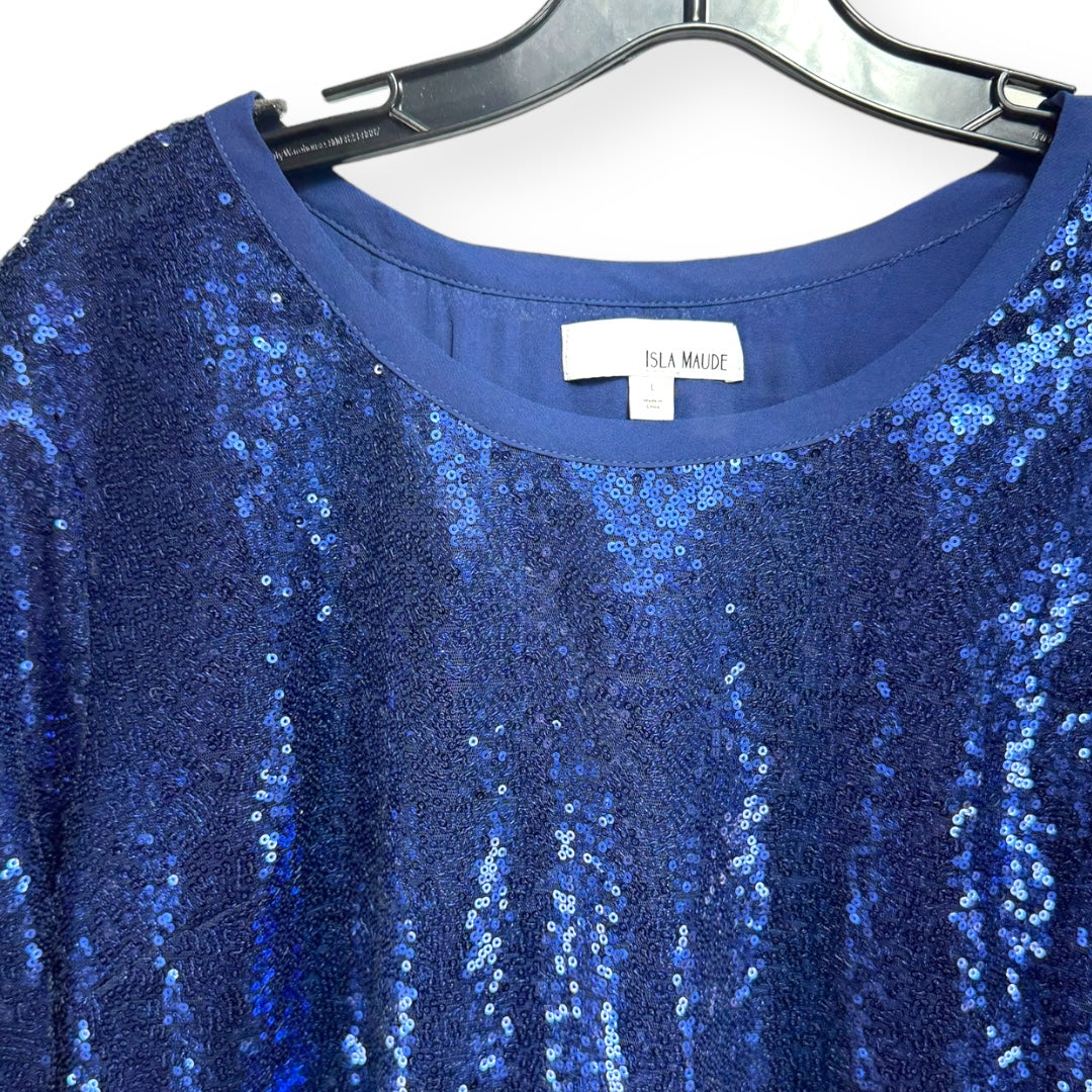 Sequin Blue Top Short Sleeve Isla Maude, Size L