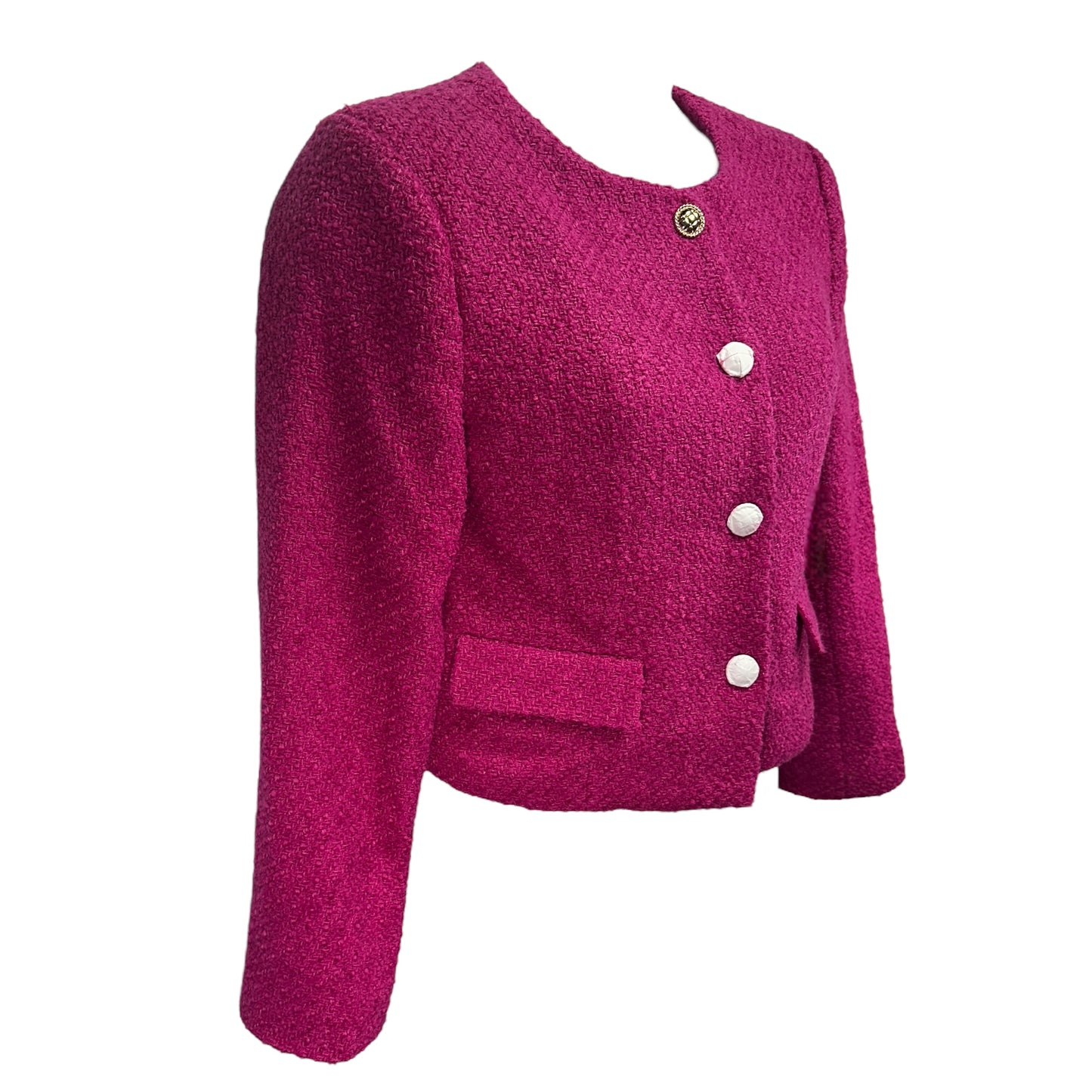 Round Neck Bouclé Crop Jacket in Berry Designer Endless Rose, Size M