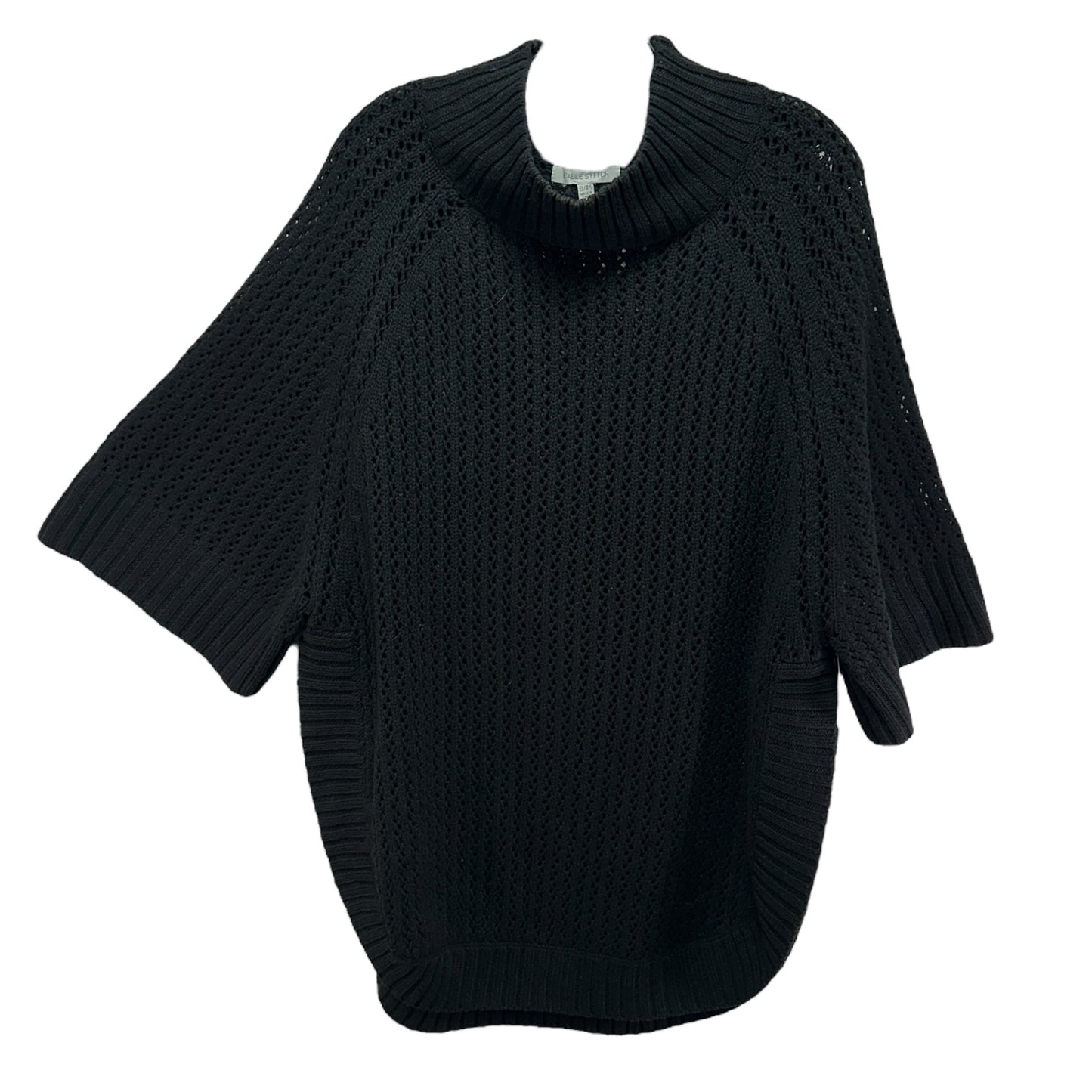 Oversized Mock Neck Short Sleeve Sweater By Cable Stitch In Black, Size: S/M