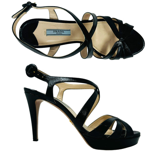 Patent Saffiano Leather Sandal Luxury Designer By Prada In Black, Size: US 8.5/ IT 38.5