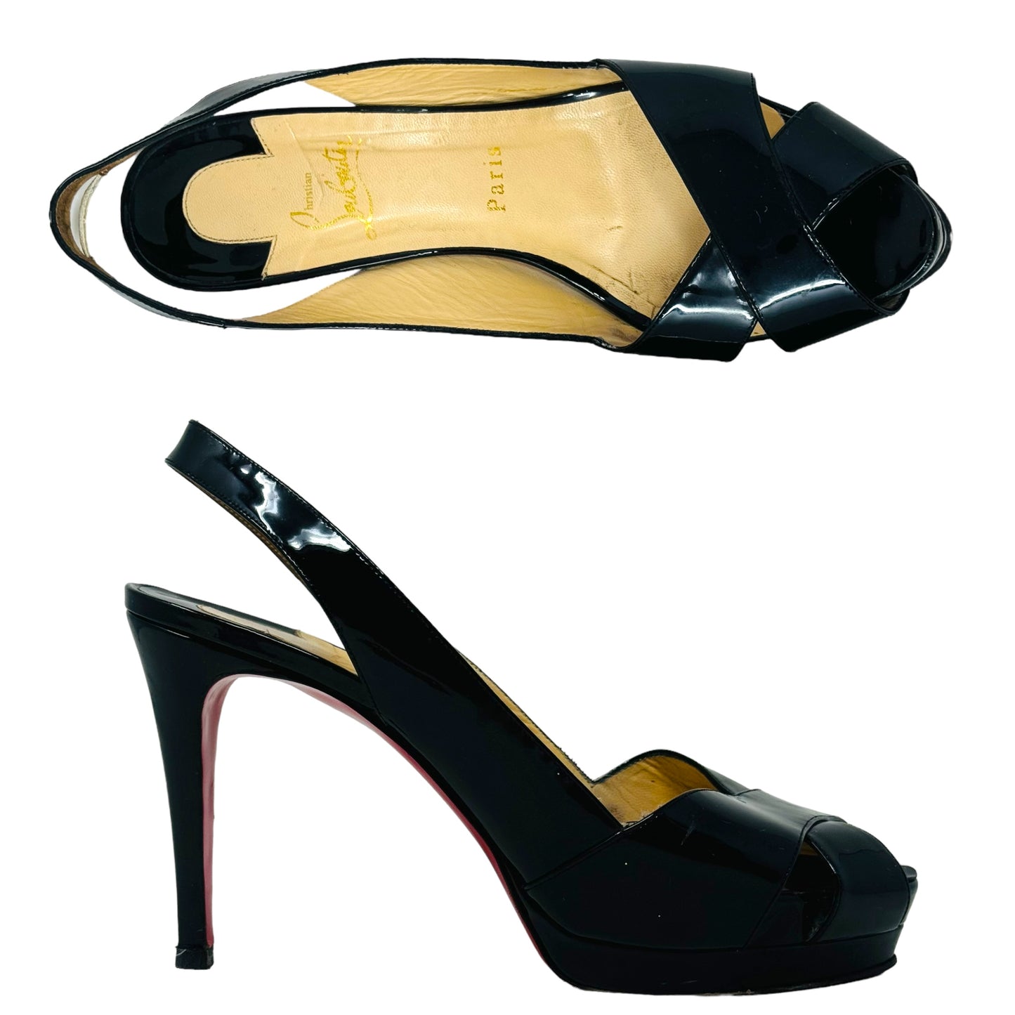 Soso 100 Patent Calf Slingback Sandals Luxury Designer By Christian Louboutin In Black, Size: US 9/IT 40