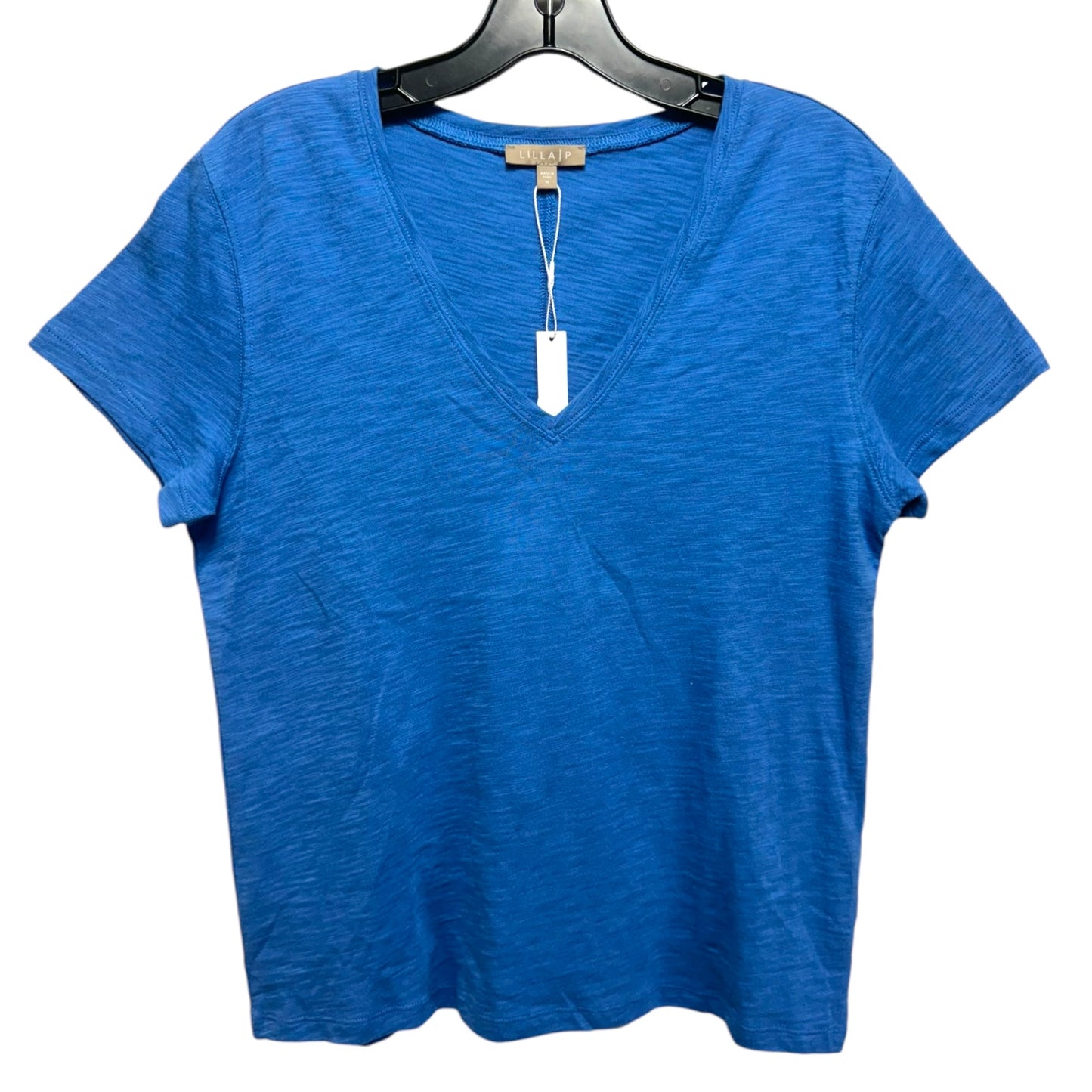 V-Neck Short Sleeve Back Seam Tee By Lilla P In Blue, Size: M