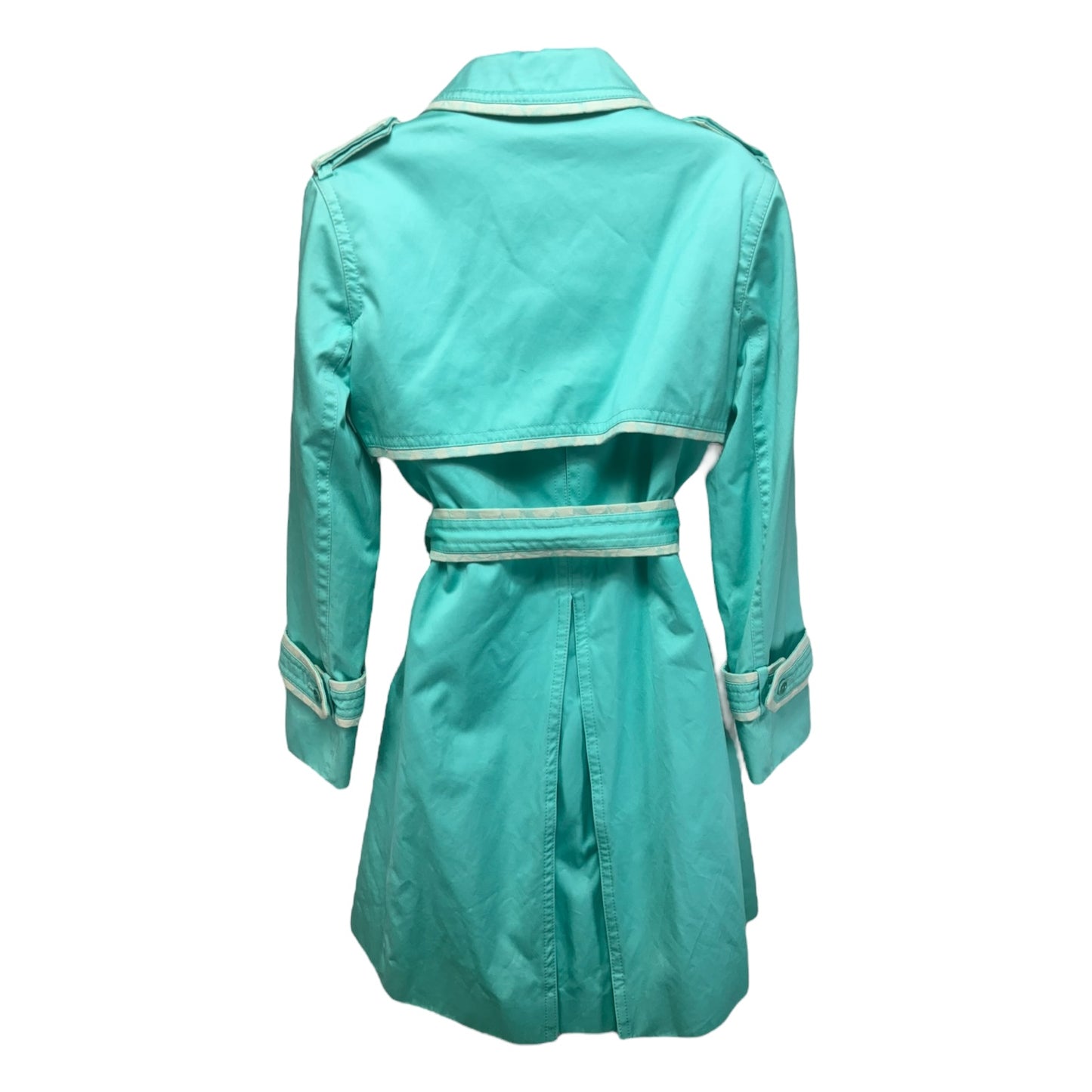 Monogram Trim Trench Coat Designer By Coach In Aqua, Size: 6