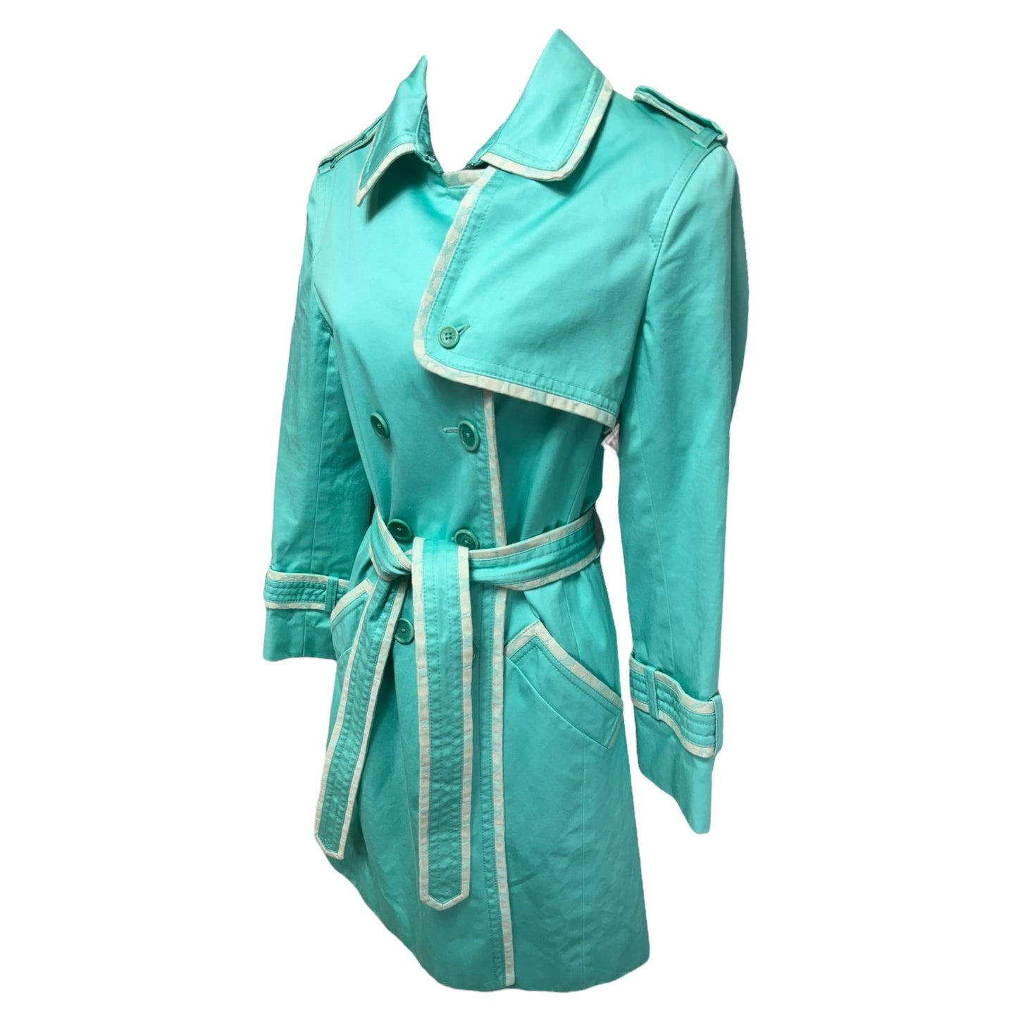 Monogram Trim Trench Coat Designer By Coach In Aqua, Size: 6