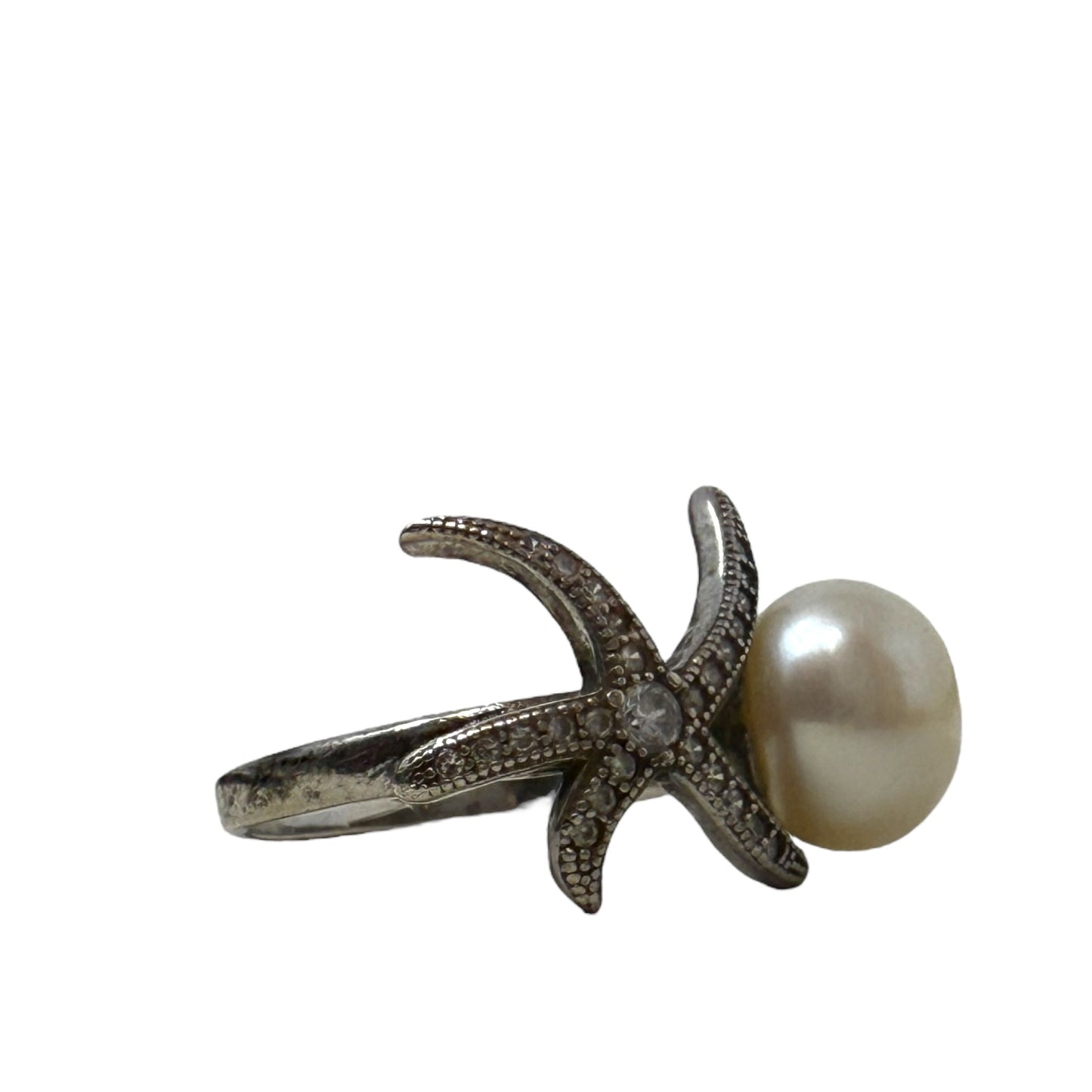 CZ, Pearl & Sterling Silver Starfish Ring By , Size: 6