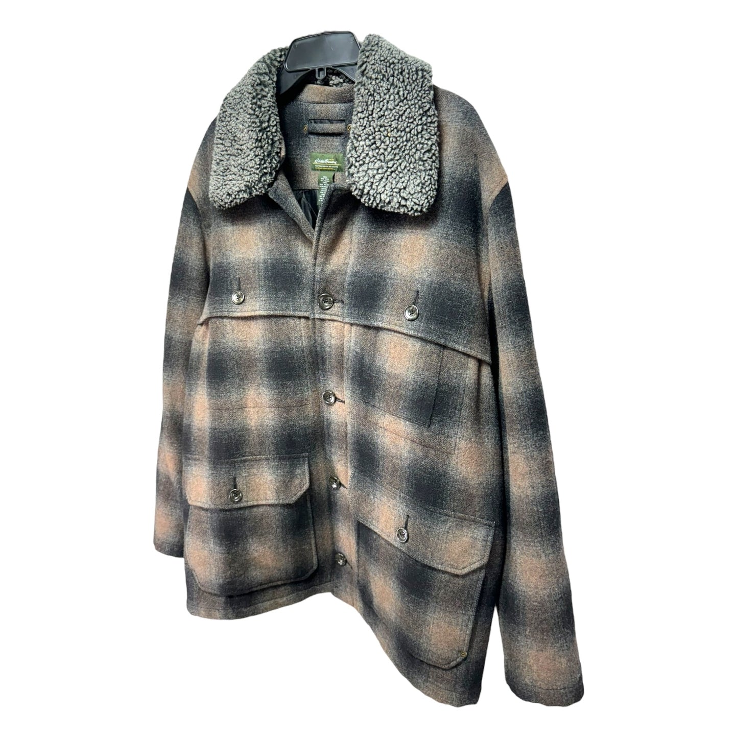 Men’s Wool Blend Faux Fur Collar Coat By Eddie Bauer In Plaid Pattern, Size: L