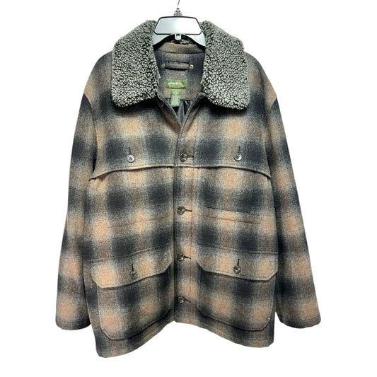 Men’s Wool Blend Faux Fur Collar Coat By Eddie Bauer In Plaid Pattern, Size: L