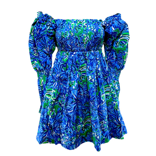 Beyanca Long Sleeve Smocked Dress Designer By Lilly Pulitzer In Abaco Blue In Turtle Awe, Size: XS