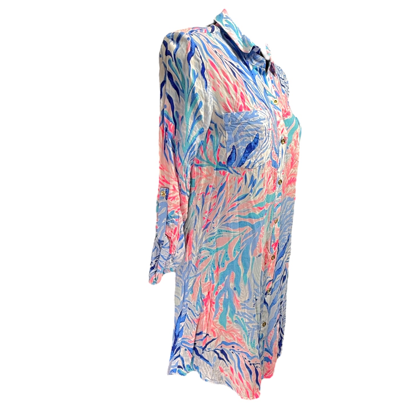 Natalie Cover-Up Shirtdress Designer By Lilly Pulitzer In Crew Blue Tint Kaleidoscope Coral, Size: XS