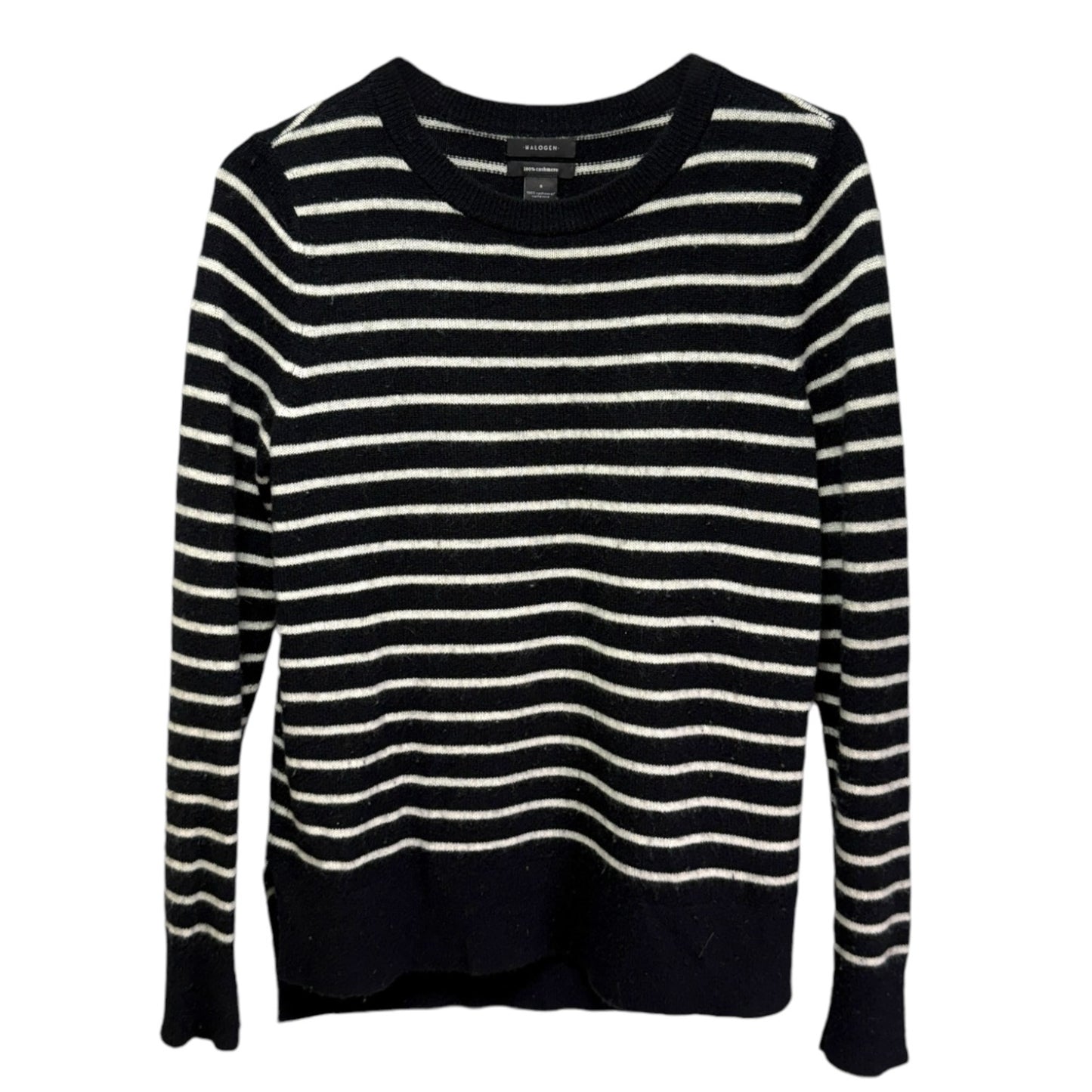 Crewneck Cashmere Sweater By Halogen In Black-Ivory Stripe, Size: S