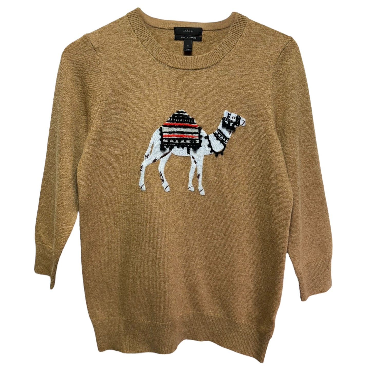 Wool Cashmere Blend Embroidered Camel Sweater By J. Crew In Tan, Size: S