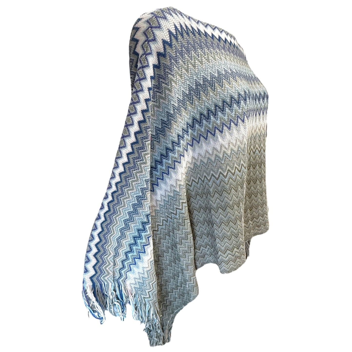 Fringe Trimmed Cotton Poncho Luxury Designer By Missoni In Multi-colored Chevron Print, Size: Osfm