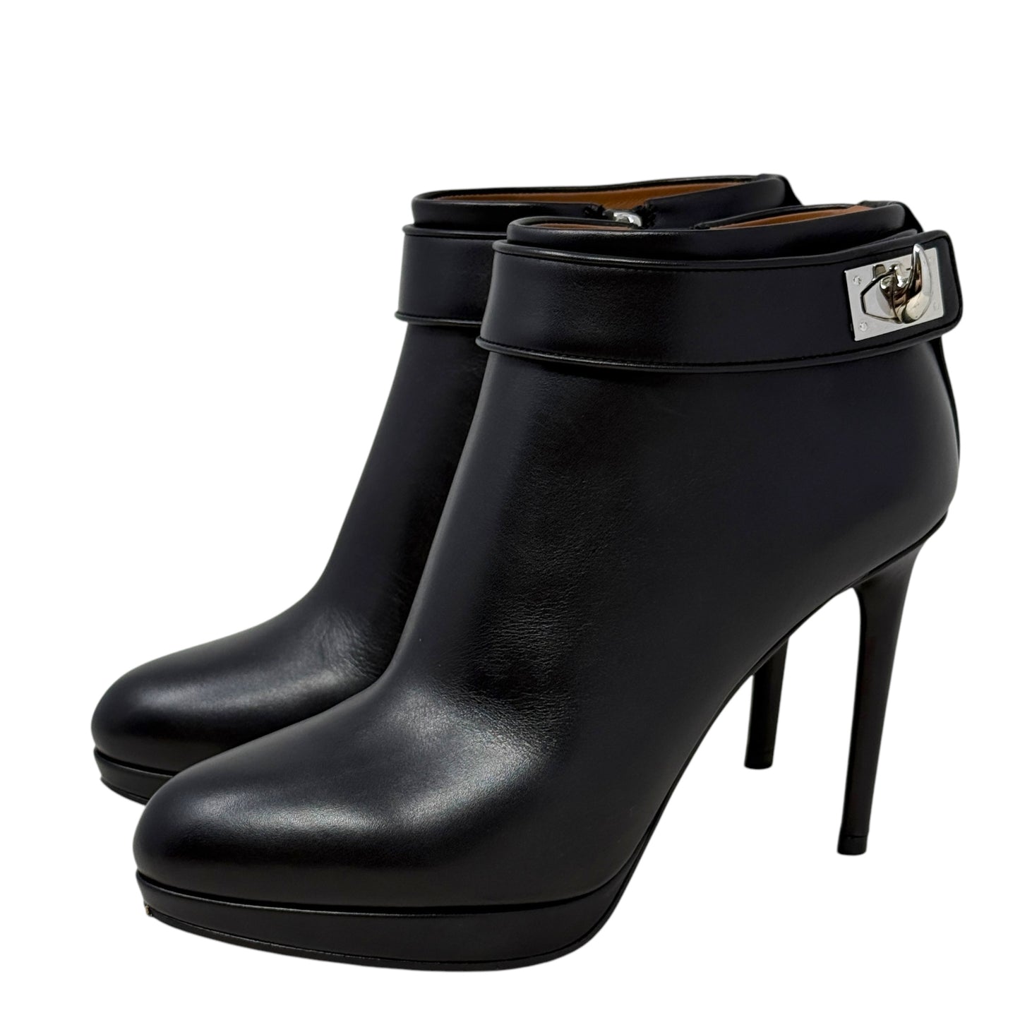 Shark Lock Stiletto Booties Luxury Designer By Givenchy In Black Calf Leather, Size: US 6.5/IT 36.5