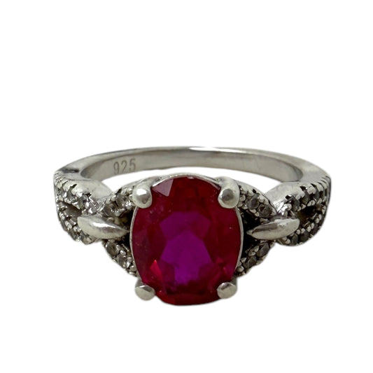 Red & Clear Stone Sterling Silver Ring By Unbranded, Size: 6