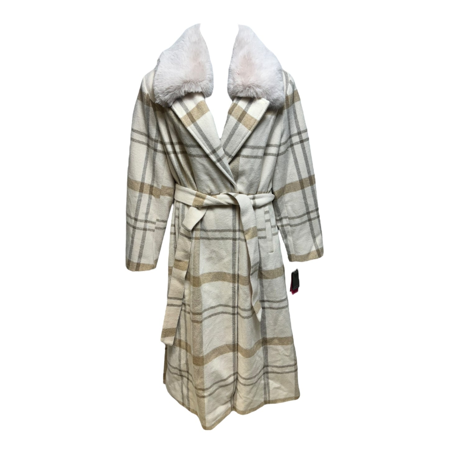 Faux Fur Collar Belted Wool Blend Maxi Coat By Vince Camuto In Plaid Pattern, Size: XXL