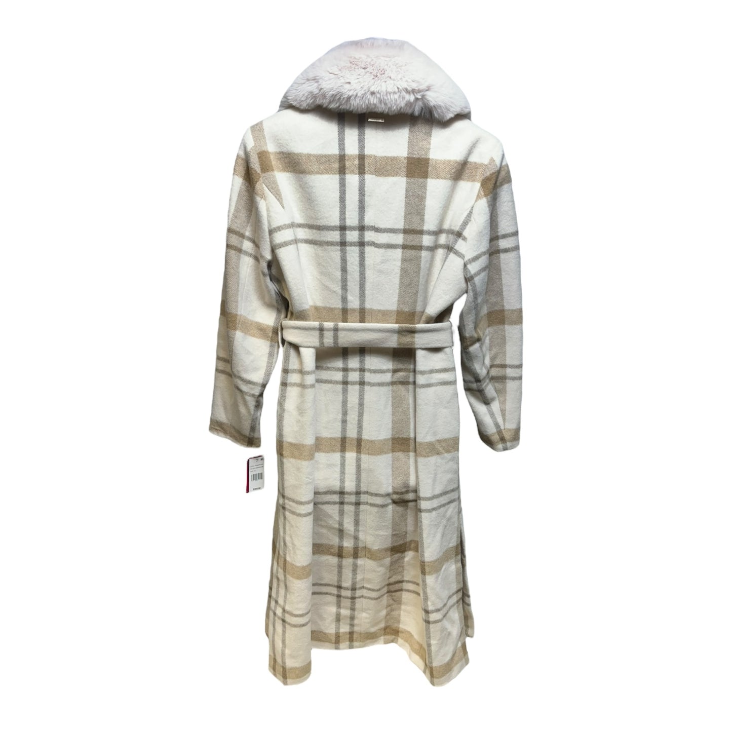 Faux Fur Collar Belted Wool Blend Maxi Coat By Vince Camuto In Plaid Pattern, Size: XXL