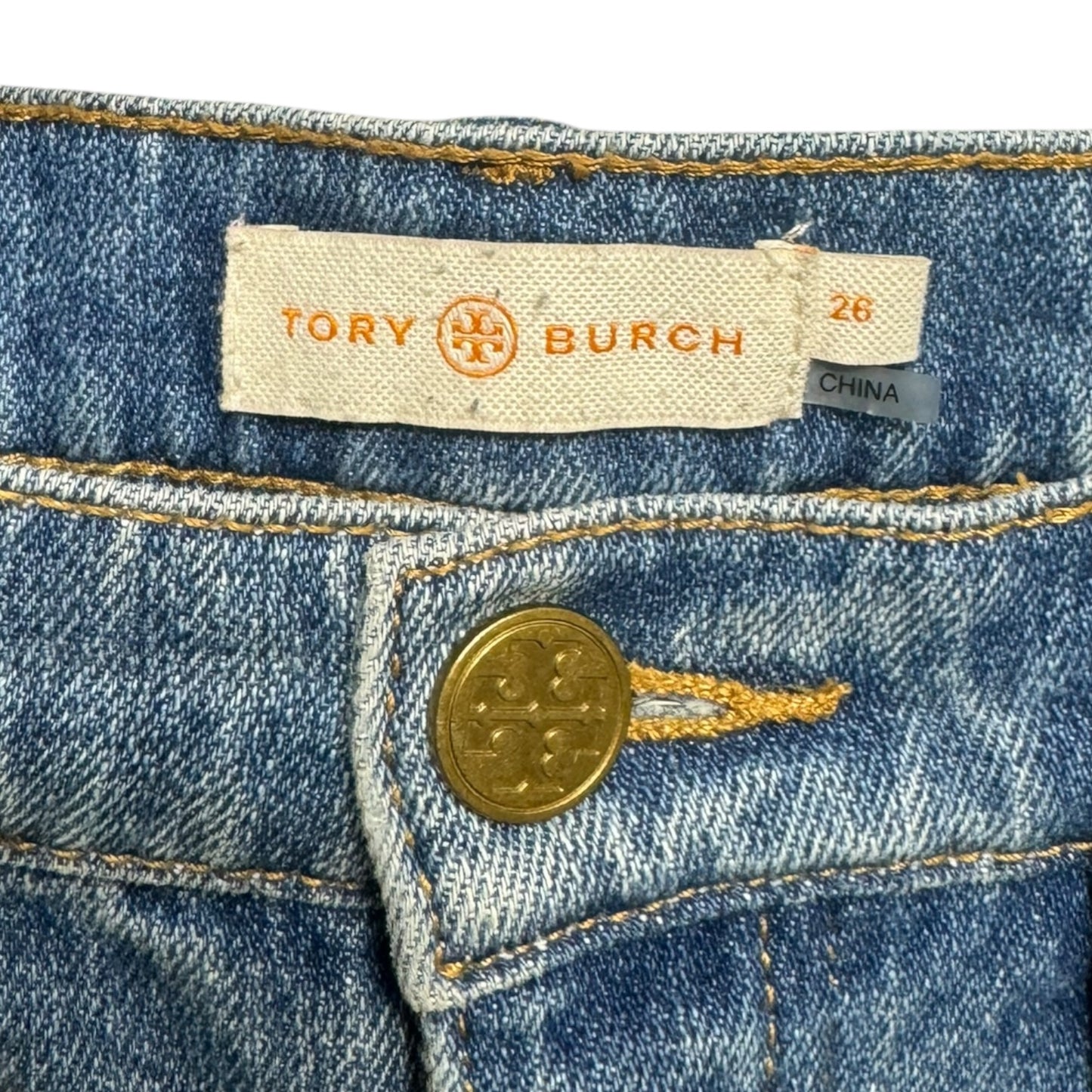 Button Fly Straight Leg Embroidered Pocket Jeans Designer By Tory Burch In Blue Denim, Size: 6