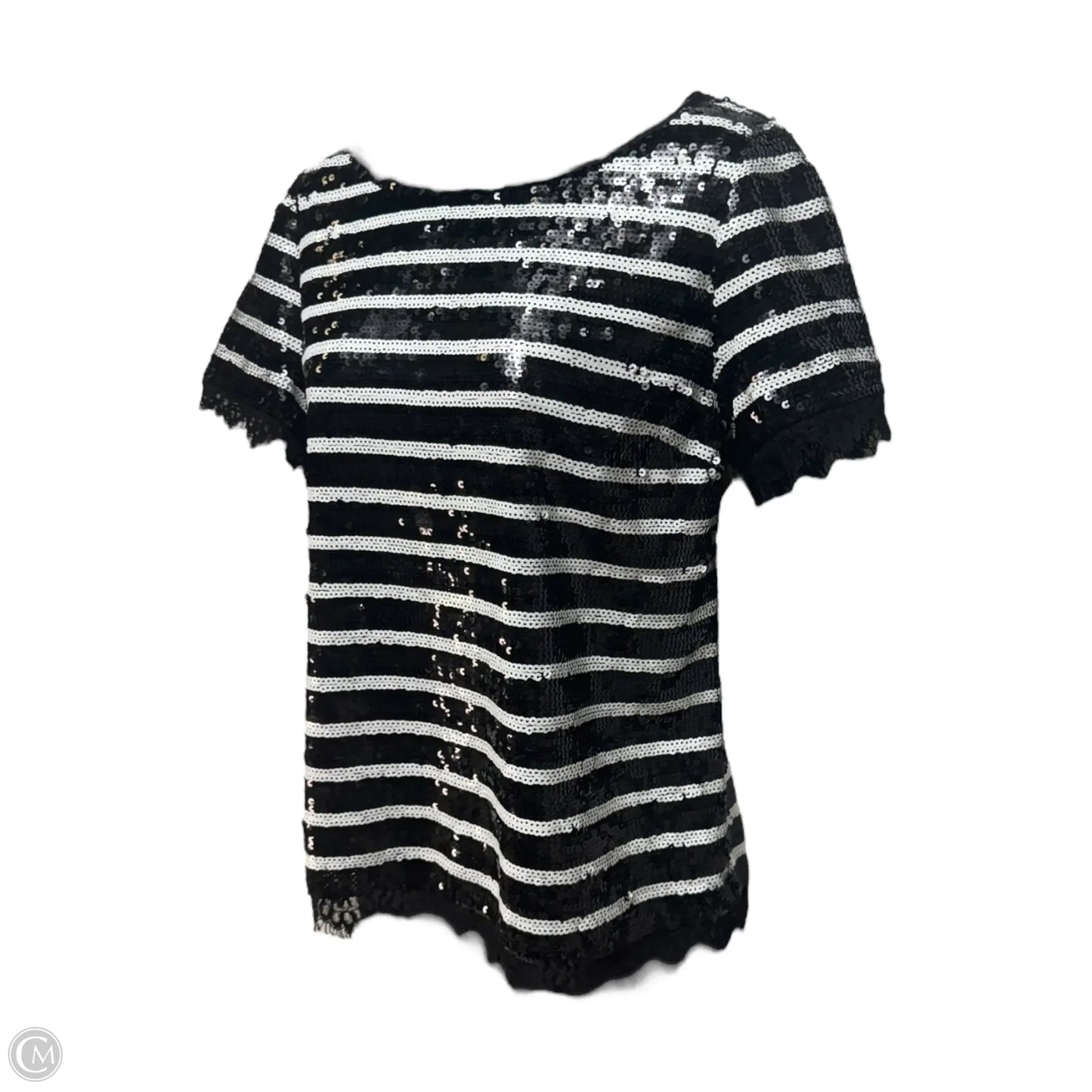 Sequin Lace Trim Top Short Sleeve Luxury Designer By St John Collection In Striped Pattern, Size: 6