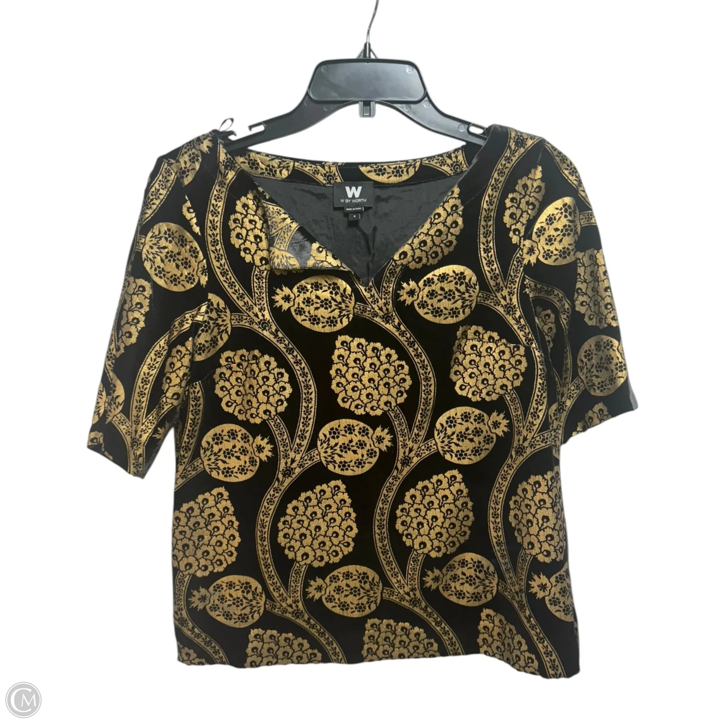 Velvet Printed Top Short Sleeve By Worth Ny In Black & Gold, Size: 4