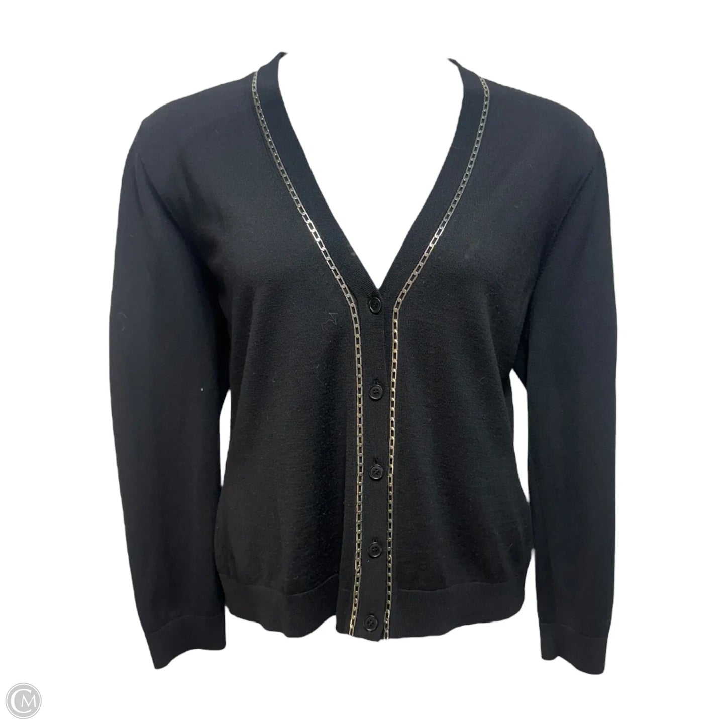 Chain Trim Wool Sweater Cardigan Designer By Lafayette 148 In Black & Silver, Size: Xl