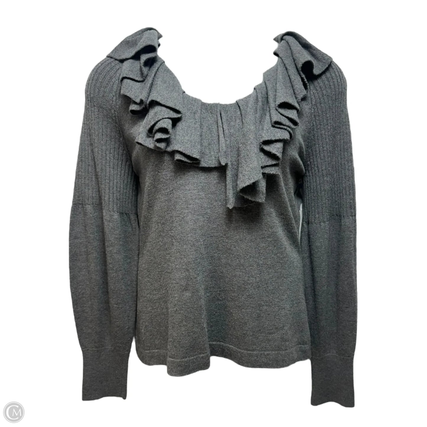 Wool Blend Ruffle Sweater Designer By Escada In Grey, Size: M