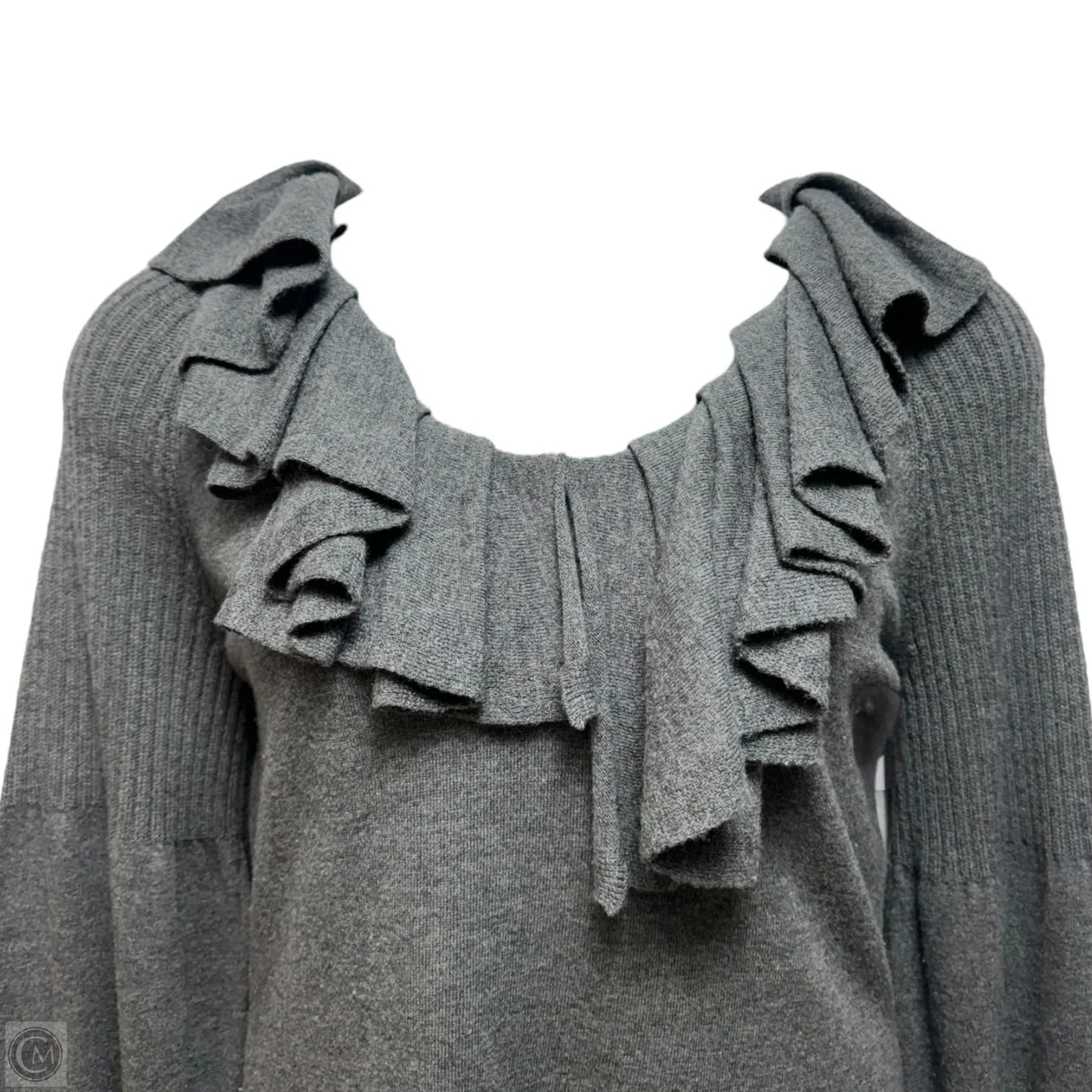 Wool Blend Ruffle Sweater Designer By Escada In Grey, Size: M