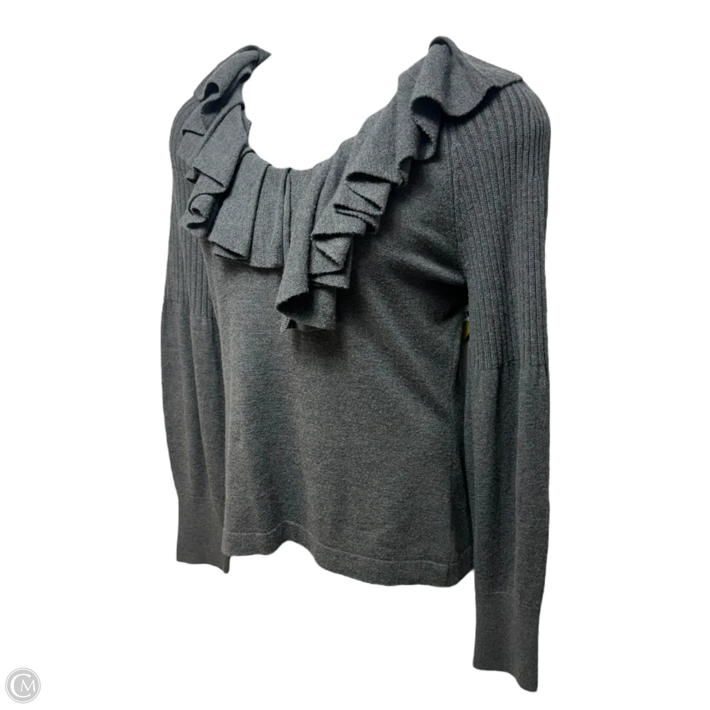 Wool Blend Ruffle Sweater Designer By Escada In Grey, Size: M