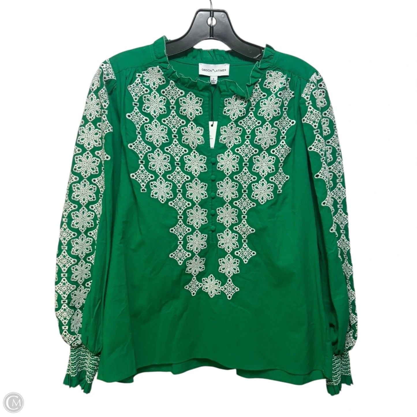 Floral Embroidered Blouson Sleeve Hi-Low Blouse By Gibson And Latimer In Green, Size: S