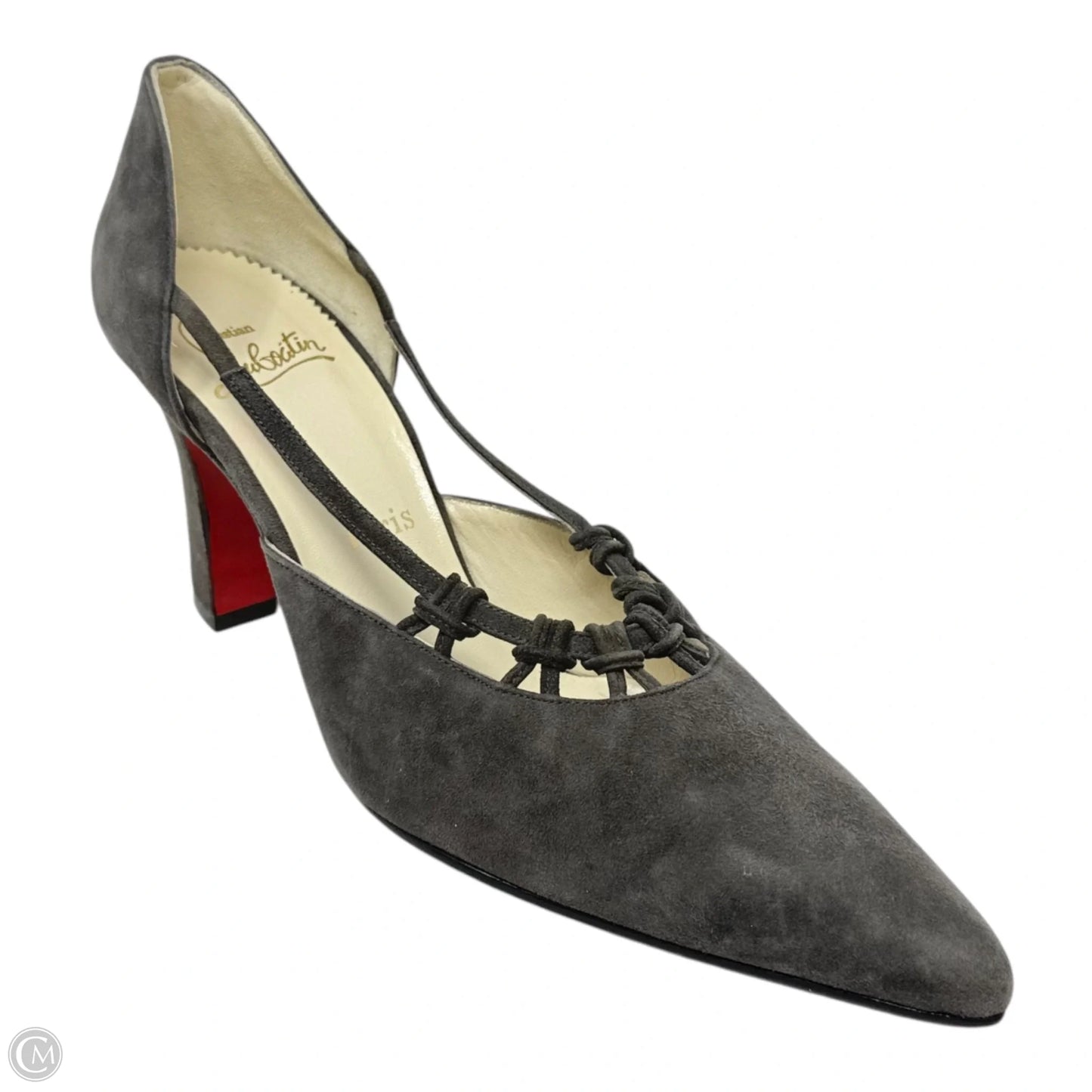 RARE D’Orsay Cutout Block Heel Pointed Toe Suede Pumps Luxury Designer By Christian Louboutin In Grey/Green, Size: US 7/IT 38