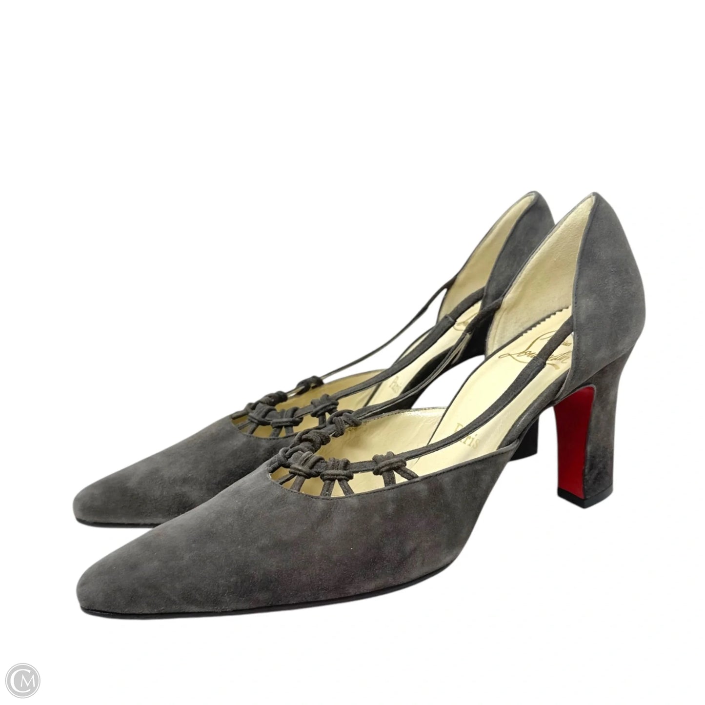 RARE D’Orsay Cutout Block Heel Pointed Toe Suede Pumps Luxury Designer By Christian Louboutin In Grey/Green, Size: US 7/IT 38