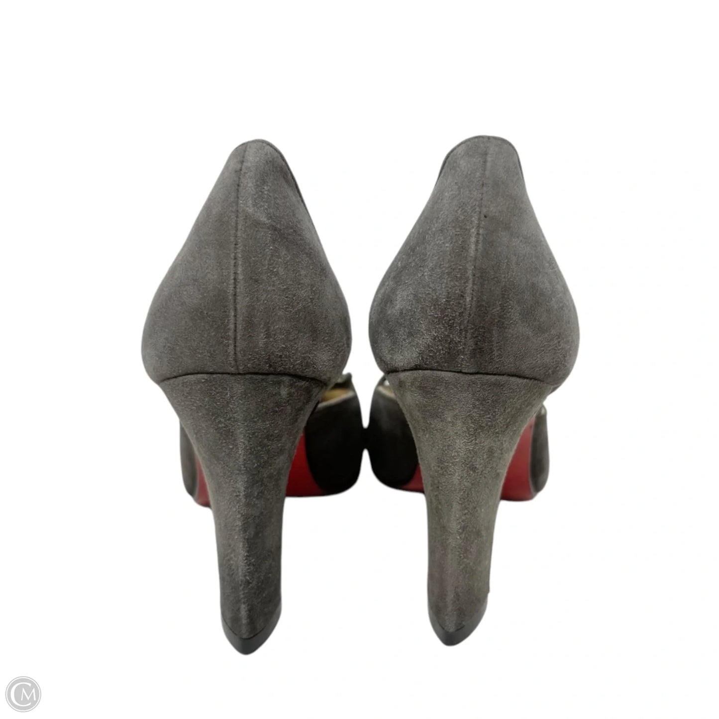 RARE D’Orsay Cutout Block Heel Pointed Toe Suede Pumps Luxury Designer By Christian Louboutin In Grey/Green, Size: US 7/IT 38