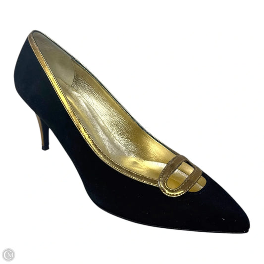 Vintage Gold Trim Suede Heels Shoes Heels Stiletto By Claudia Ciuti In Black & Gold, Size: 9.5