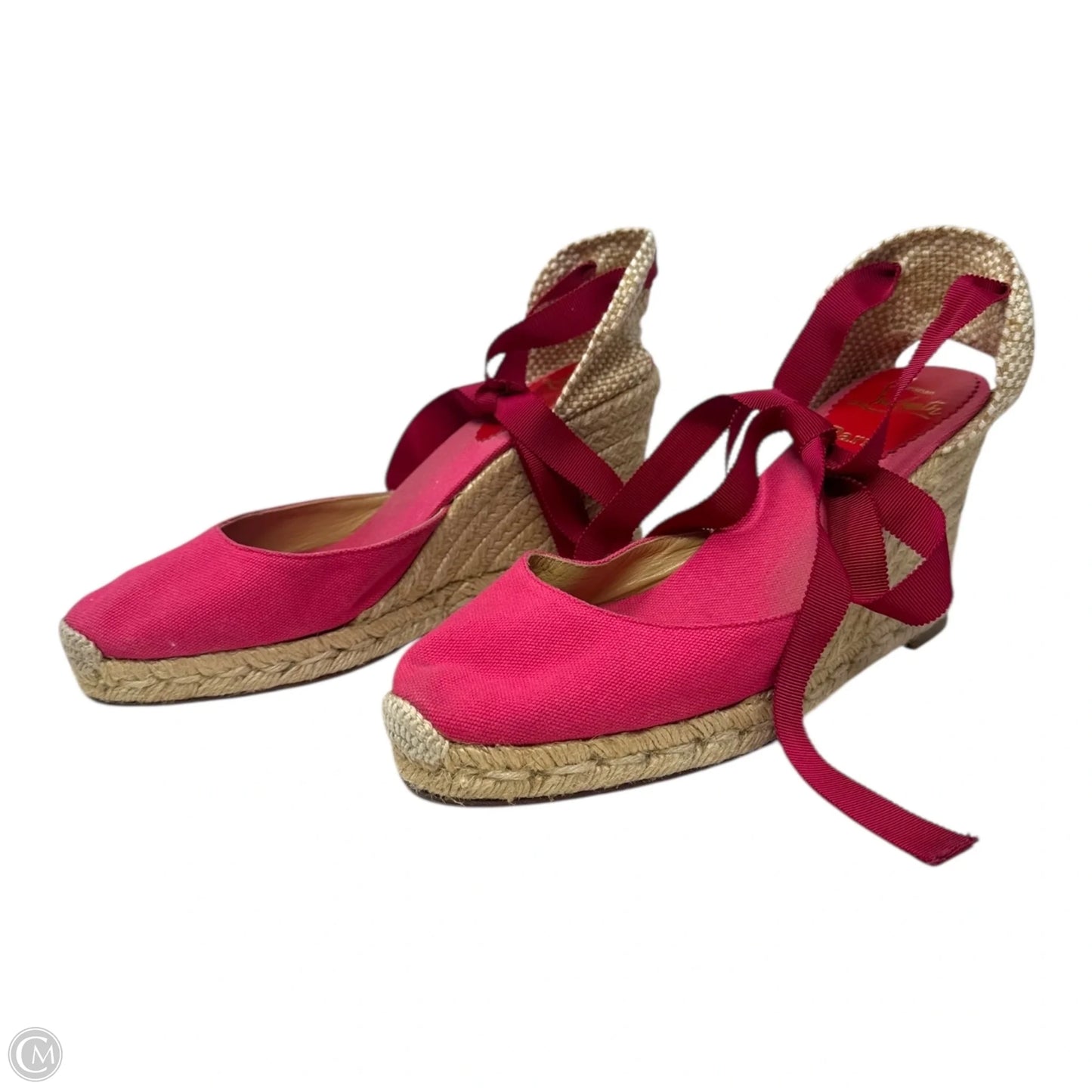 Ankle Tie Espadrille Wedge Shoes Luxury Designer By Christian Louboutin In Red, Size: 8 (IT 39)