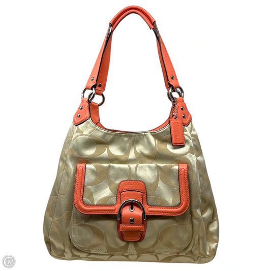 Campbell Hobo Signature C Logo Satchel Shoulder Bag By Coach In Khaki/Coral, Size: Medium