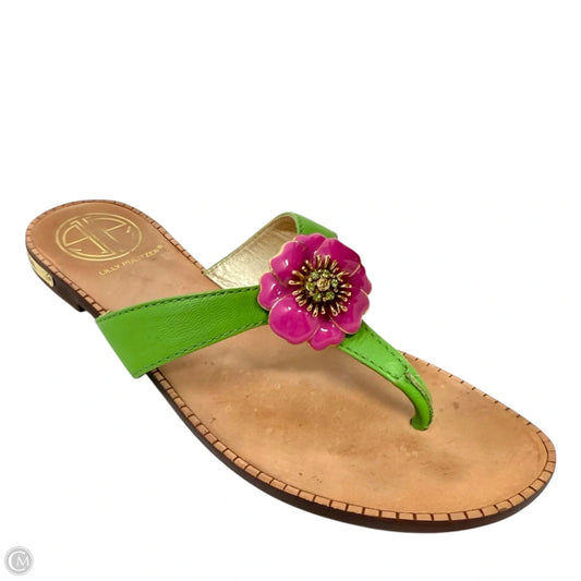Vintage Rare Palm Beach Crystal Embellished Flower Thong Leather Sandals Designer By Lilly Pulitzer In Green & Pink, Size: 6.5