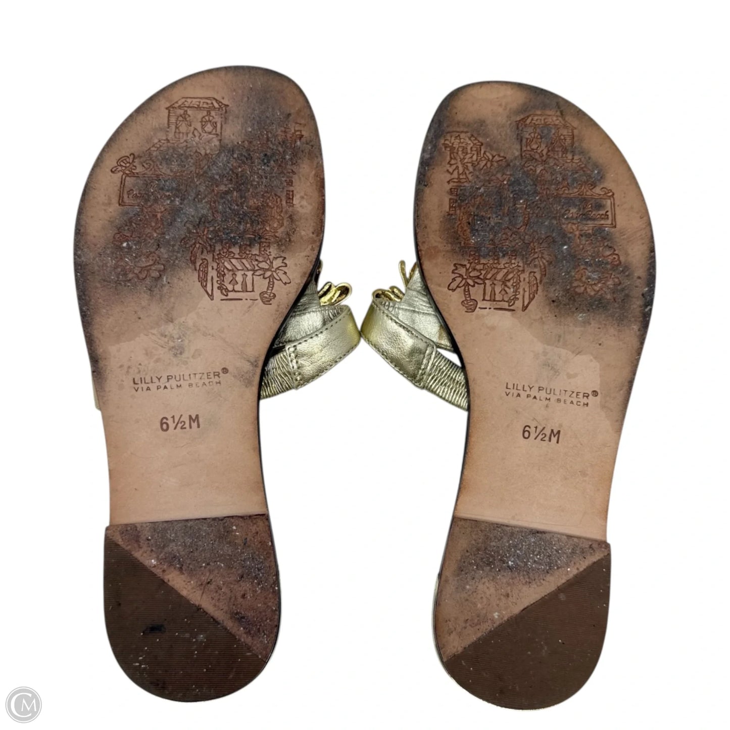 Vintage Rare Palm Beach Bee Leather Thong Sandals Designer By Lilly Pulitzer In Gold, Size: 6.5