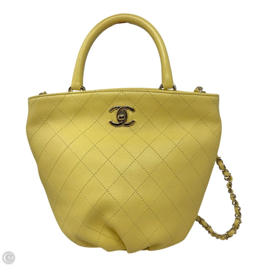 Limited Edition CC Lock Chain Handle Bucket Tote In Light Yellow Soft Quilted Lambskin Luxury Designer By Chanel, Size: Medium