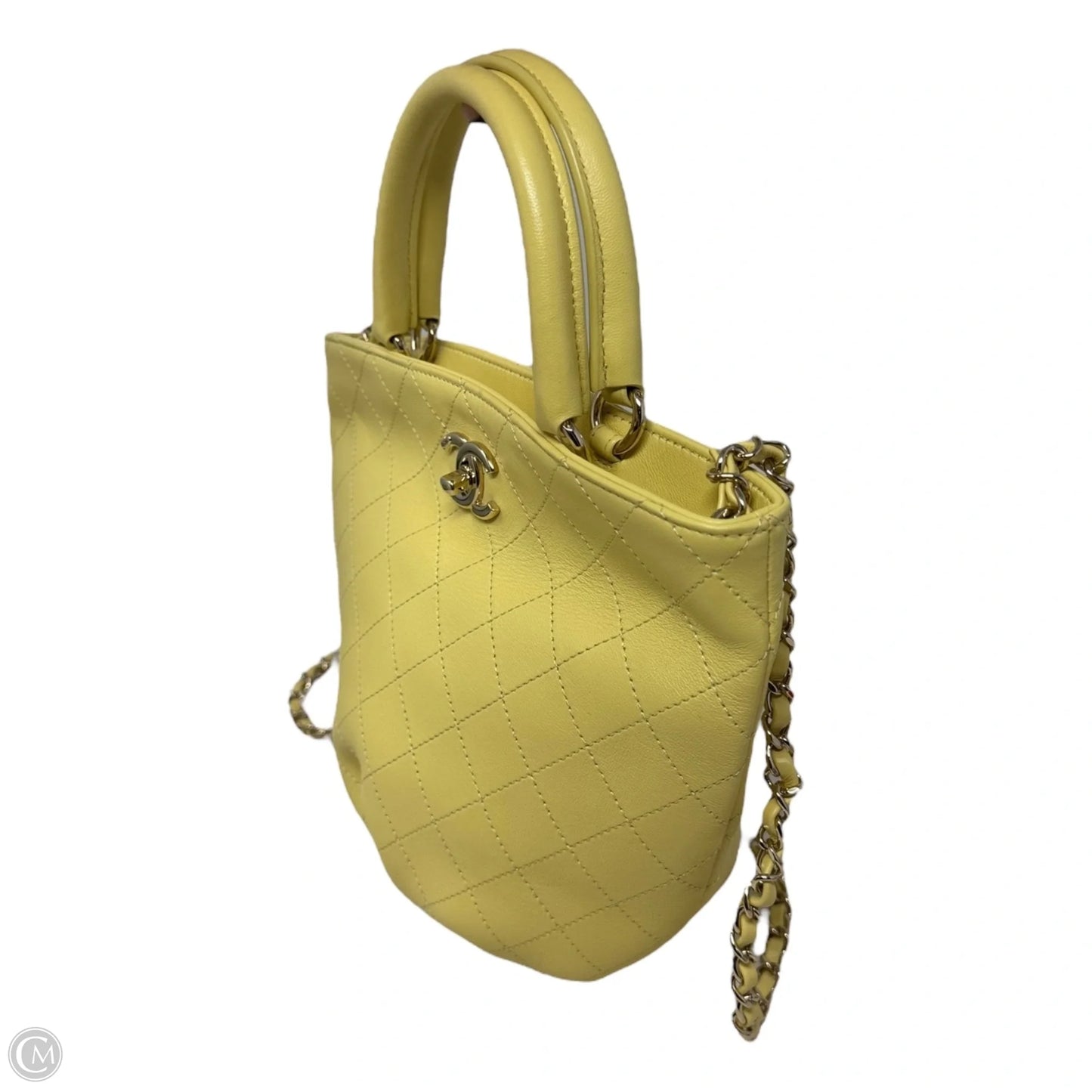 Limited Edition CC Lock Chain Handle Bucket Tote In Light Yellow Soft Quilted Lambskin Luxury Designer By Chanel, Size: Medium