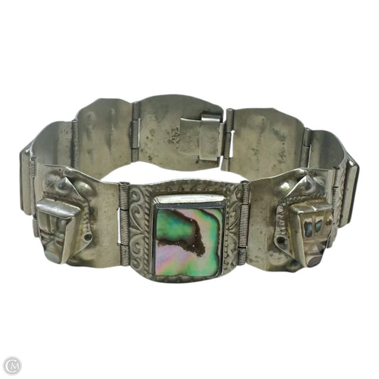 Carved Abalone & Mexican Sterling Silver Panel Link Bracelet Taxco