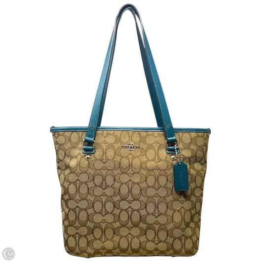 Zip Top Tote In Outline Signature Imitation Khaki Atlantic Designer By Coach, Size: Medium