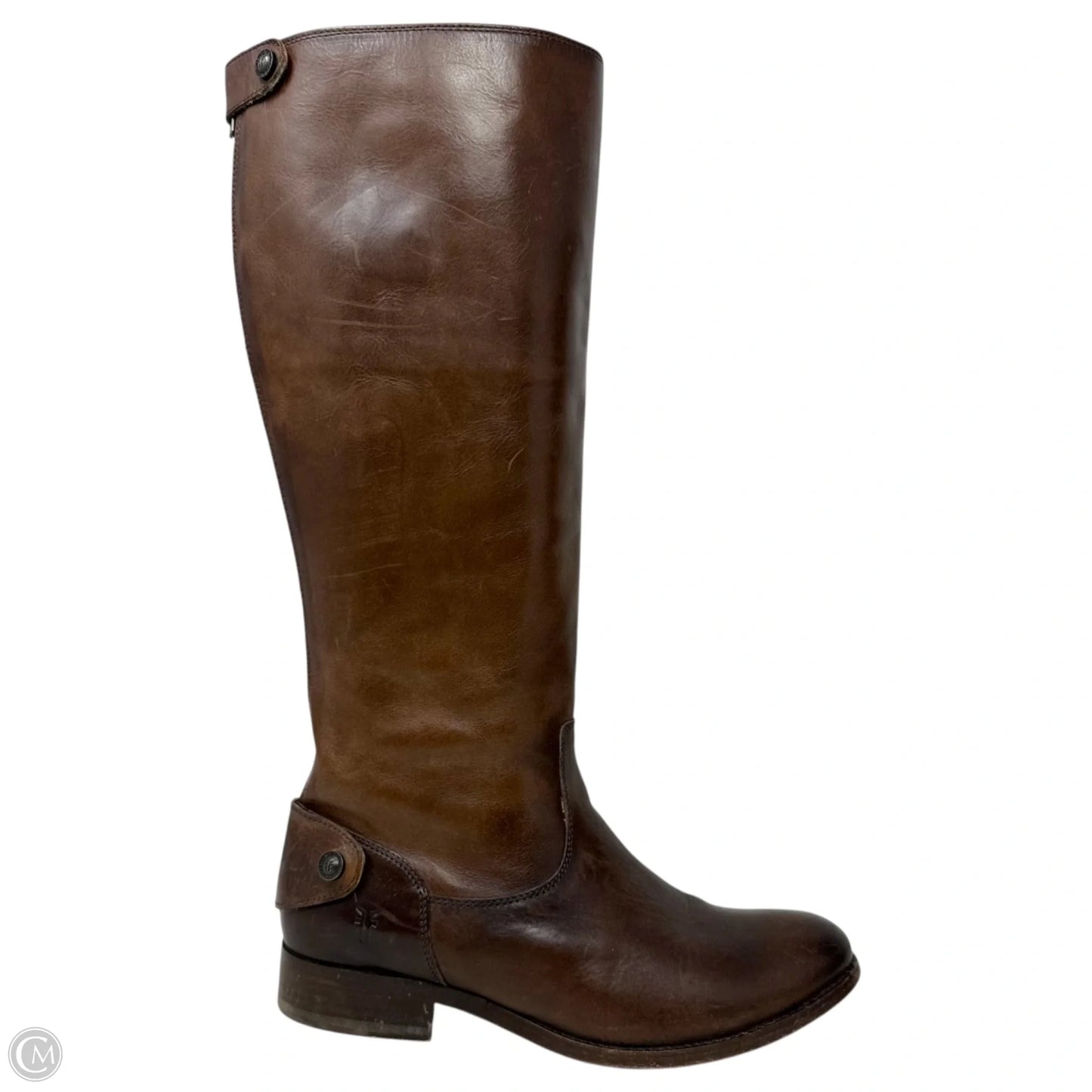 Melissa Button Back Zip Tall Riding Brown Boots Designer By Frye In Cognac, Size: 7
