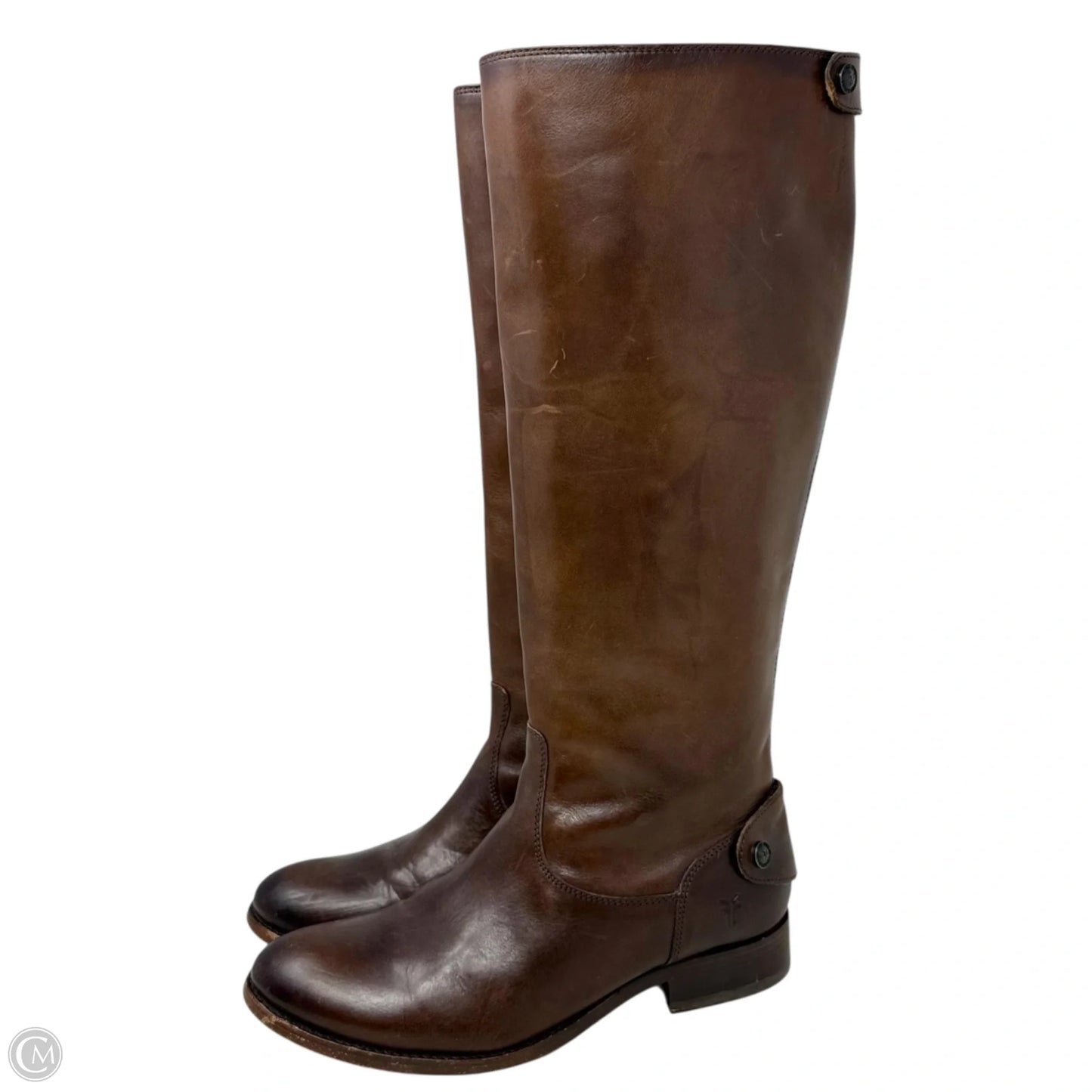 Melissa Button Back Zip Tall Riding Brown Boots Designer By Frye In Cognac, Size: 7