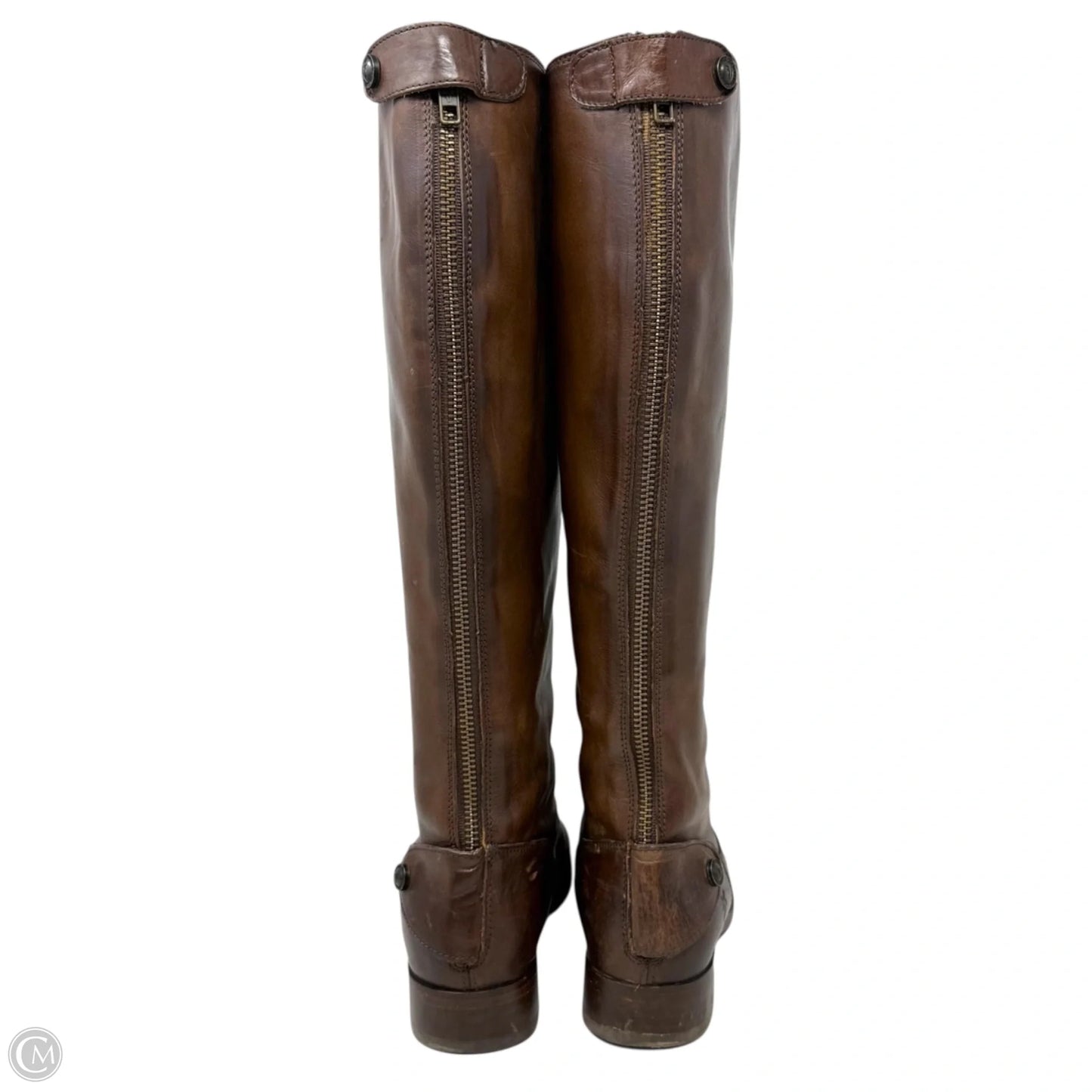 Melissa Button Back Zip Tall Riding Brown Boots Designer By Frye In Cognac, Size: 7