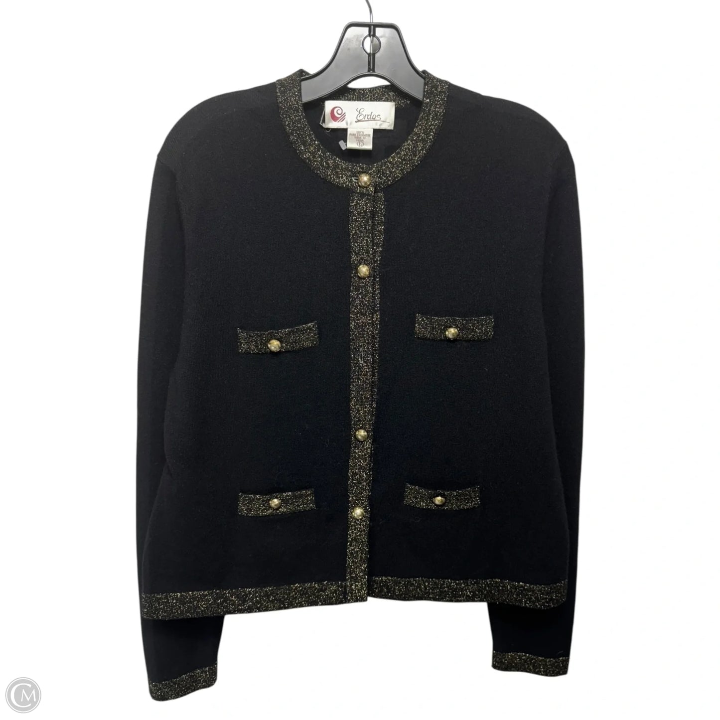 Metallic Trim Sweater Cardigan Cashmere By Erdos In Black & Gold, Size: L