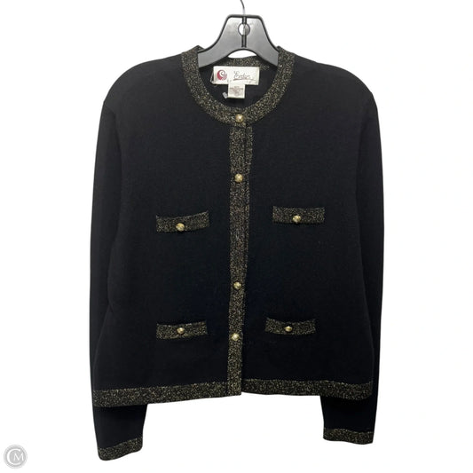 Metallic Trim Sweater Cardigan Cashmere By Erdos In Black & Gold, Size: L