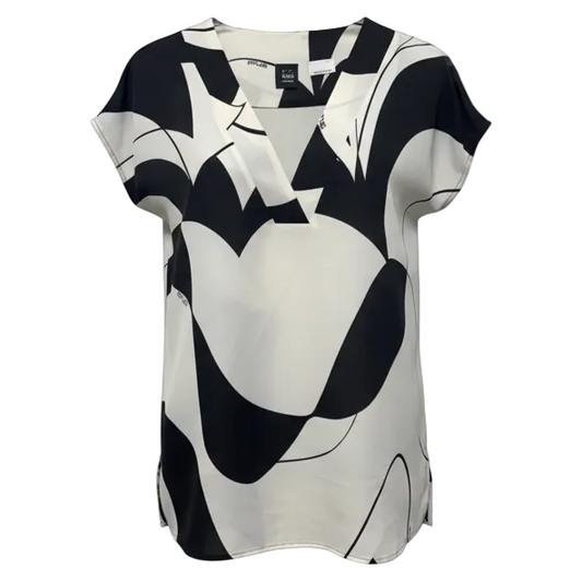 Doga V-Neck Top By Art365 by Marella In Black & Cream Abstract Print Satin, Size: 8