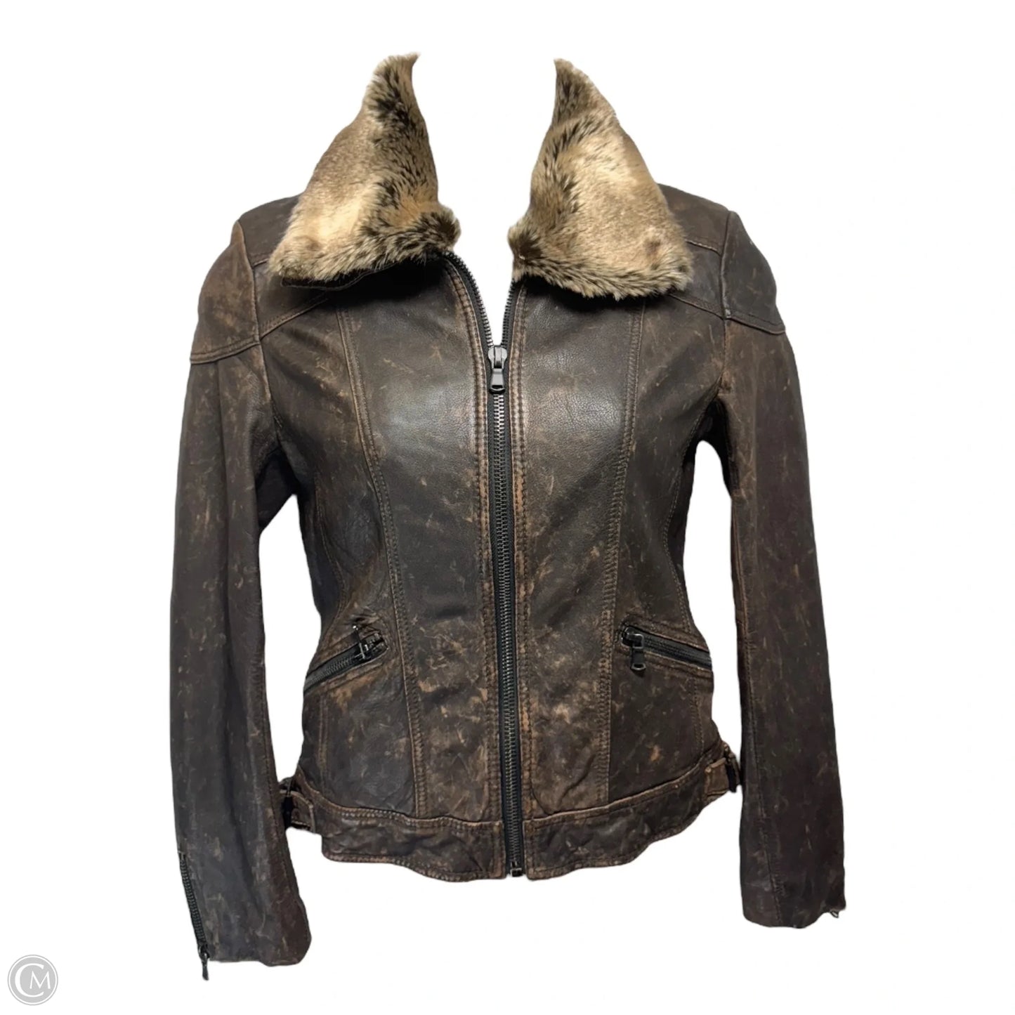 Fur Collar Jacket Leather By Black Rivet In Brown, Size: M
