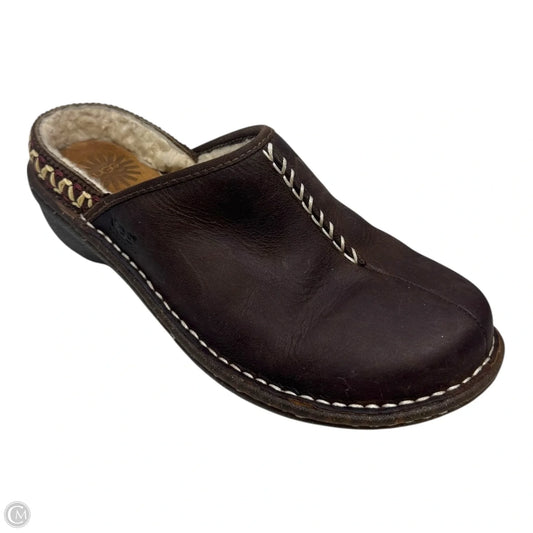 Fur Lined Leather Mules Shoes Designer By Ugg In Brown, Size: 8