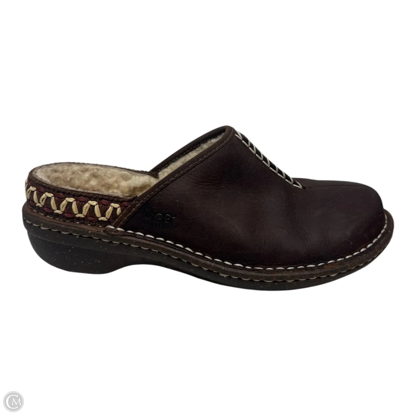 Fur Lined Leather Mules Shoes Designer By Ugg In Brown, Size: 8