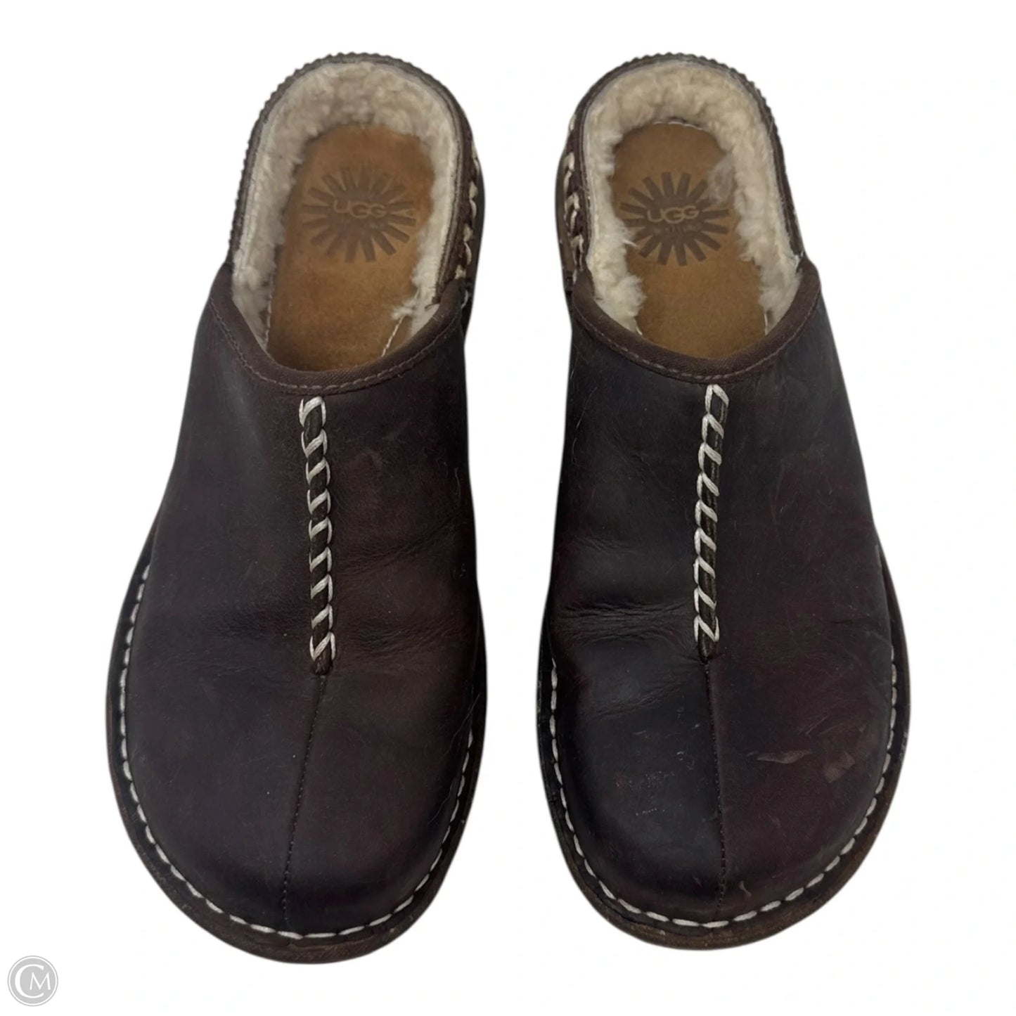 Fur Lined Leather Mules Shoes Designer By Ugg In Brown, Size: 8